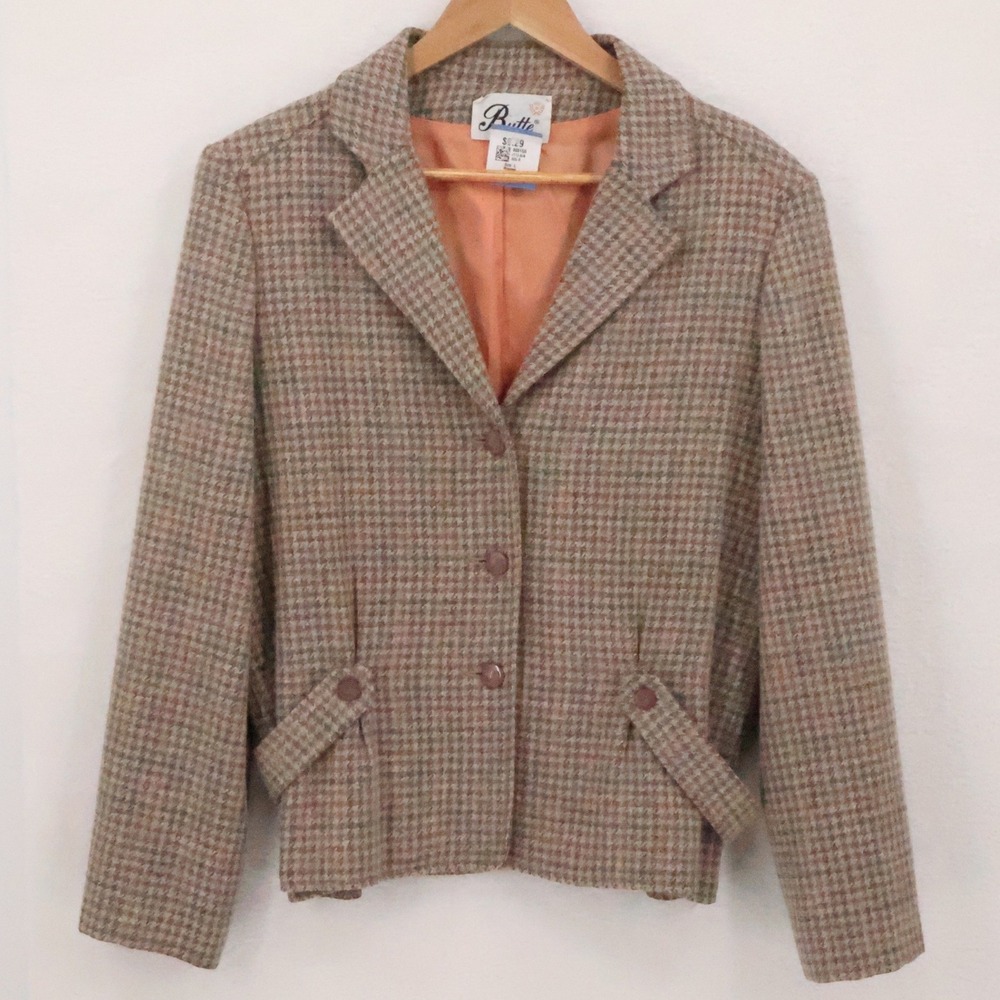 Vintage 60s Butte Houndstooth Blazer Jacket Womens Brown ILGWU Union Made Size M